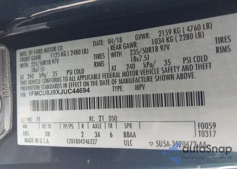 2018 Ford Escape Titanium из США, поврежденный, VIN 1FMCU0J9XJUC44694